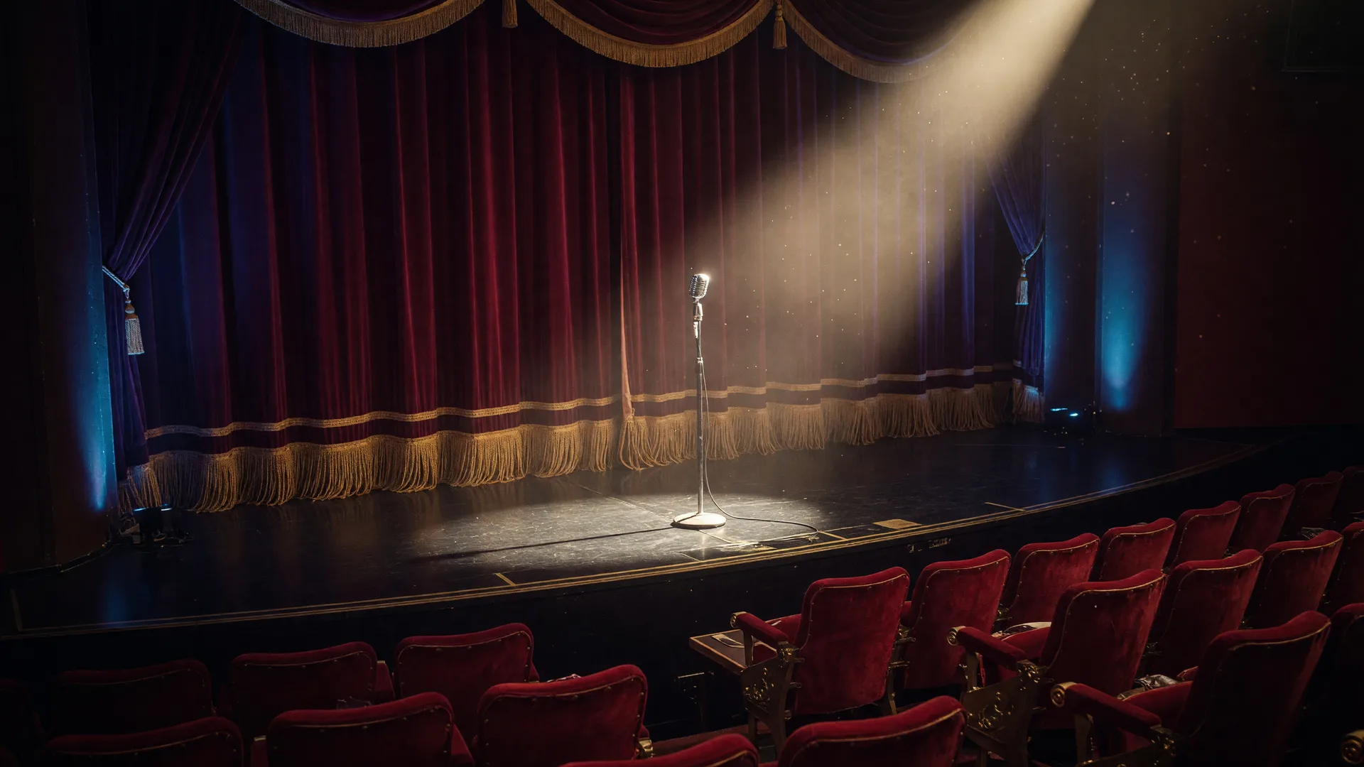 A grand casino theater stage set for a stand-up comedy night, one microphone in a dramatic spotlight cone, red velvet curtains and rows of plush seats receding into darkness