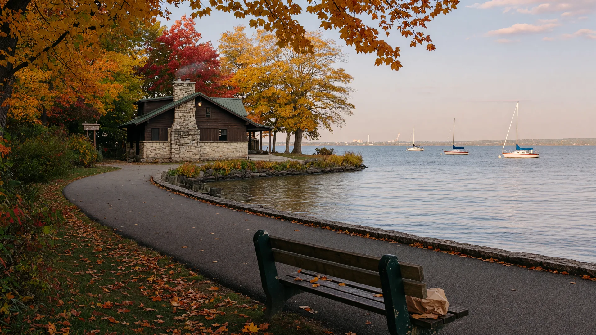 A Lake Erie lakefront park in mid-October with a paved walking path, golden autumn trees, a wood-and-stone lodge, and calm water