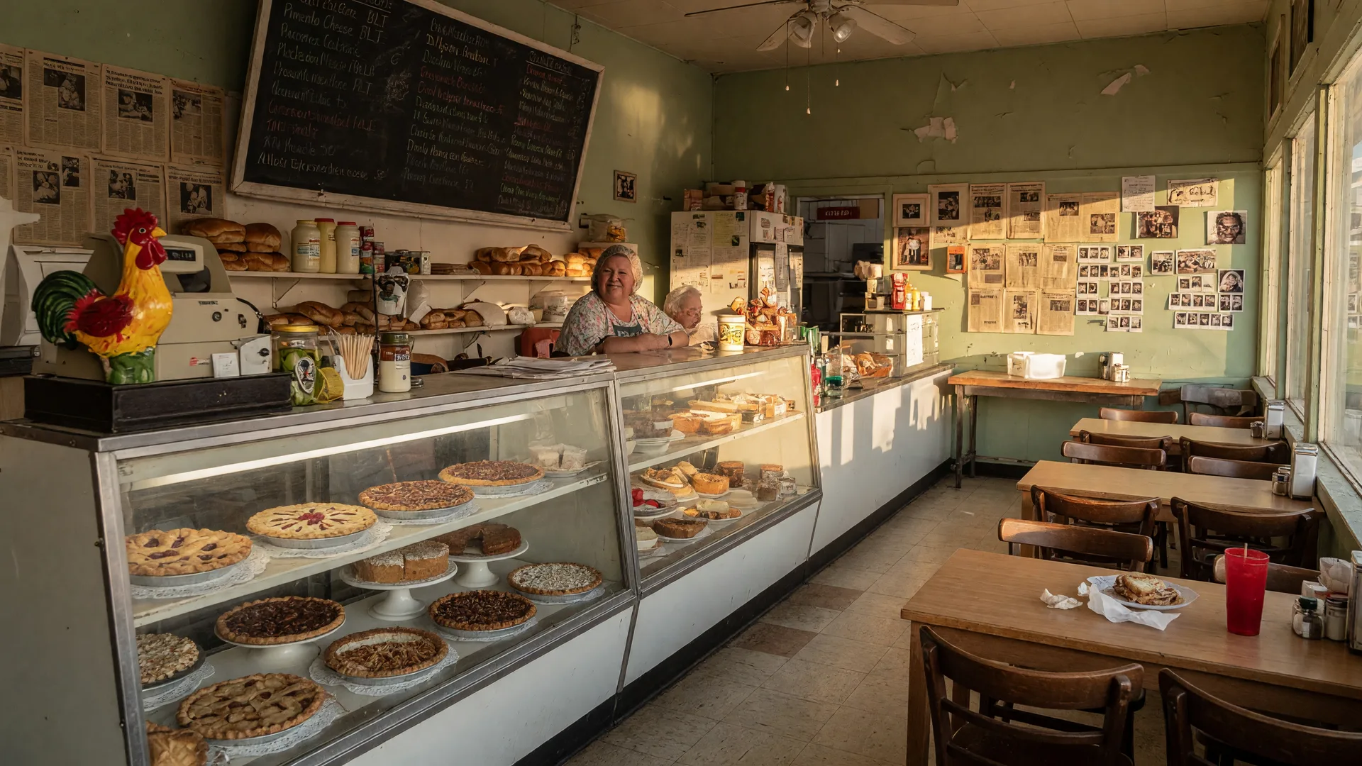 Warm interior of Cribb's Sandwich and Sweet Shop in downtown Lexington, SC, a country-themed deli with a long counter, glass cases of homemade pies, and a chalkboard specials board in golden afternoon light