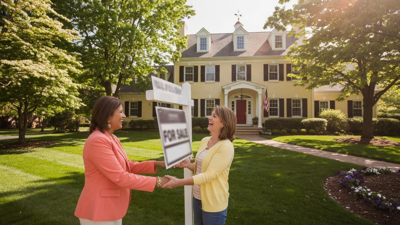 Real estate agent placing a For Sale sign in front of a South Jersey colonial home on a sunny day