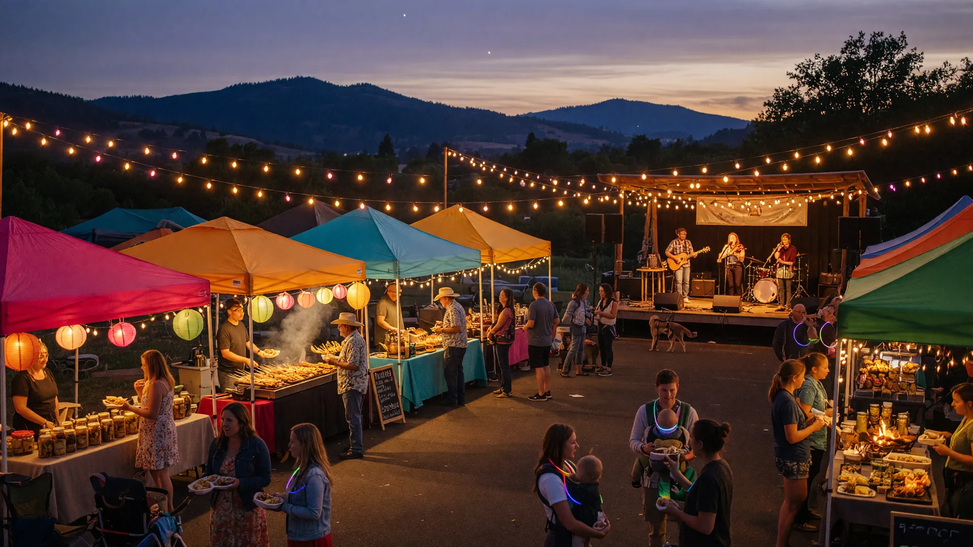 A vibrant night market in Southern Oregon at twilight with glowing string lights, food vendors, and a festive community atmosphere