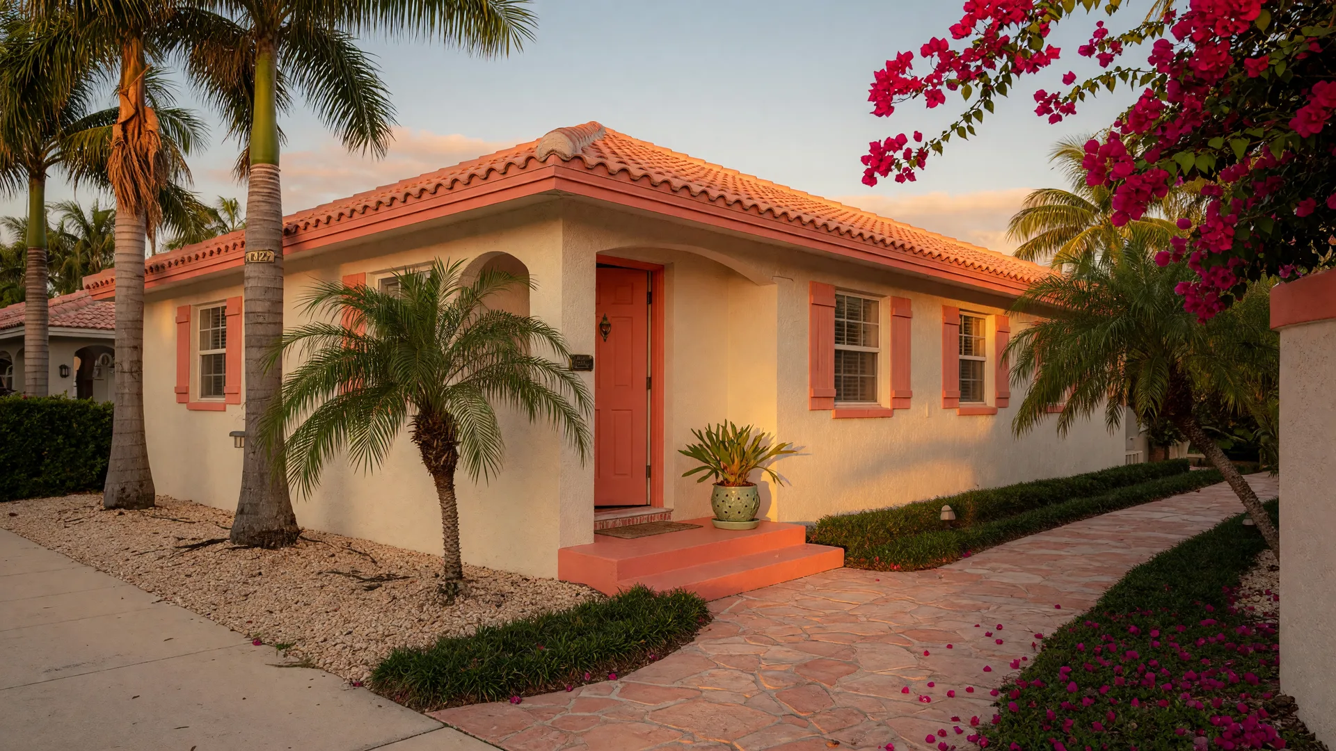 A cream stucco single-story Gulf Coast home with a barrel-tile roof, royal palms, and tropical plantings in warm golden light, carefully prepared for its next chapter