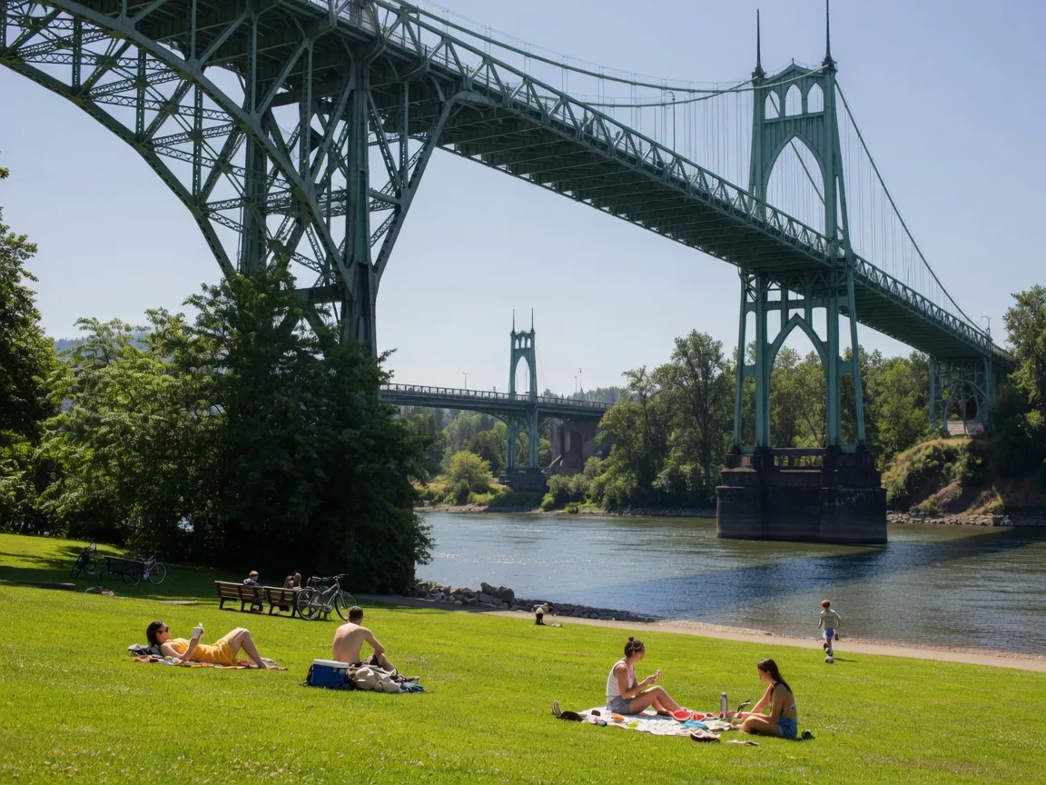 Green lawns of Cathedral Park beneath the gothic arches of the St. Johns Bridge on a summer afternoon