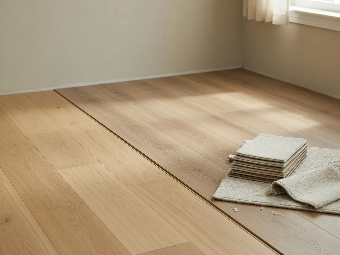 Wide-plank white oak hardwood meeting a wood-look vinyl plank, beside cream carpet swatches in a bright room
