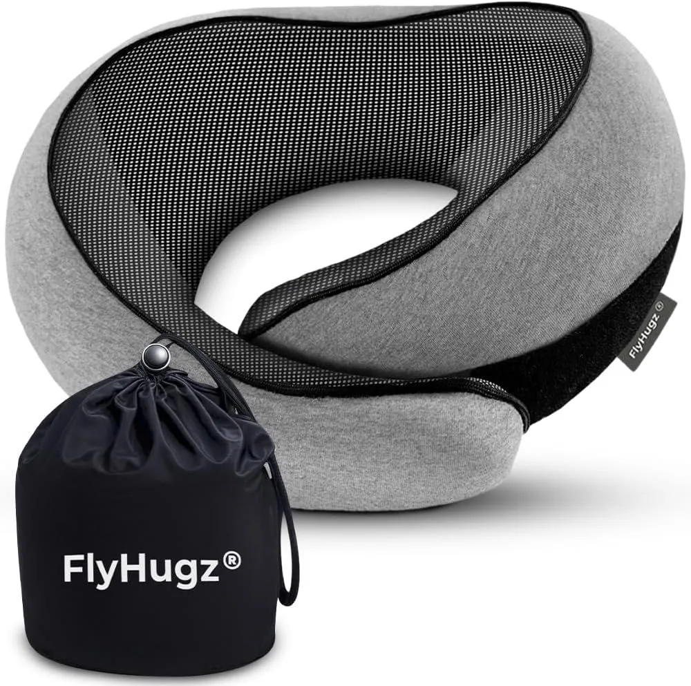 Almohada de viaje para cuello de espuma viscoelástica FlyHugz en su forma de U suave, fotografía de producto