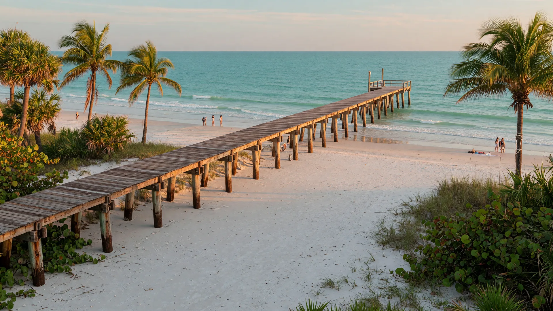 A white-sand Naples Gulf beach with turquoise surf, a weathered timber pier, and palms along the dunes