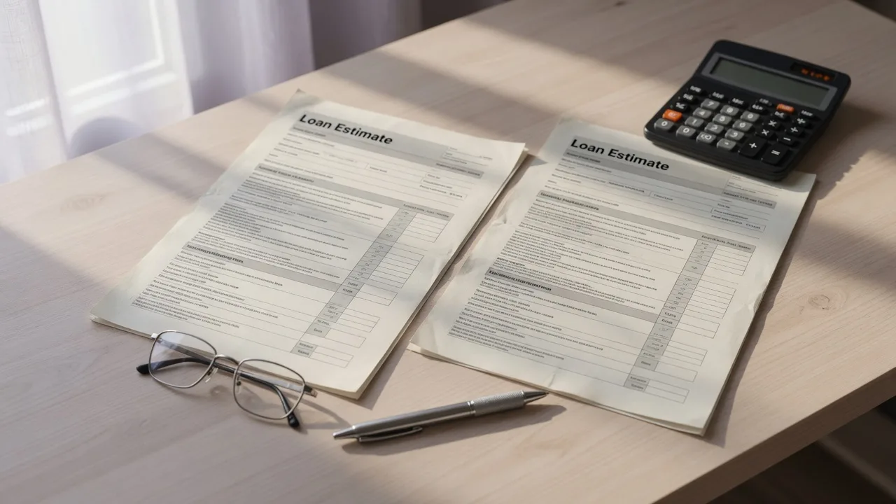 Two Loan Estimate documents side by side on a desk with a calculator and pen