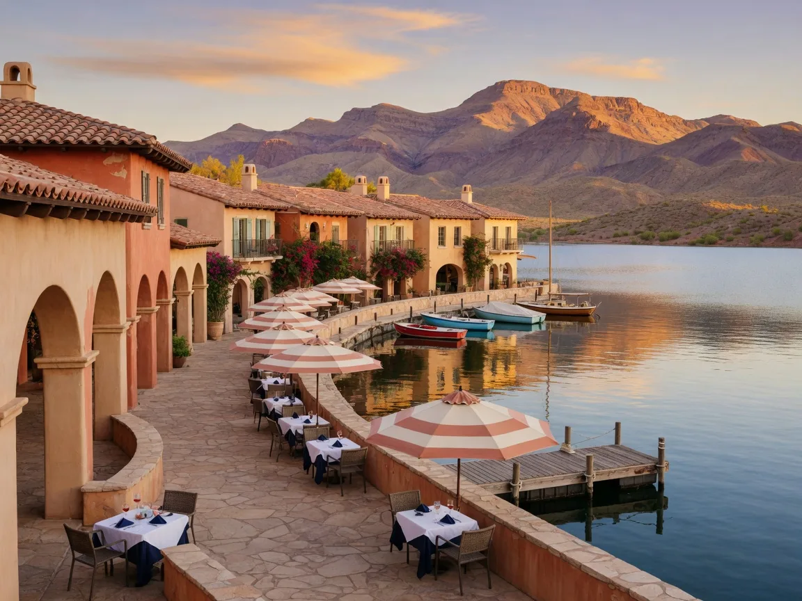 Mediterranean-inspired village at Lake Las Vegas with terra-cotta rooftops, an arched stone promenade, and cafe tables along the water