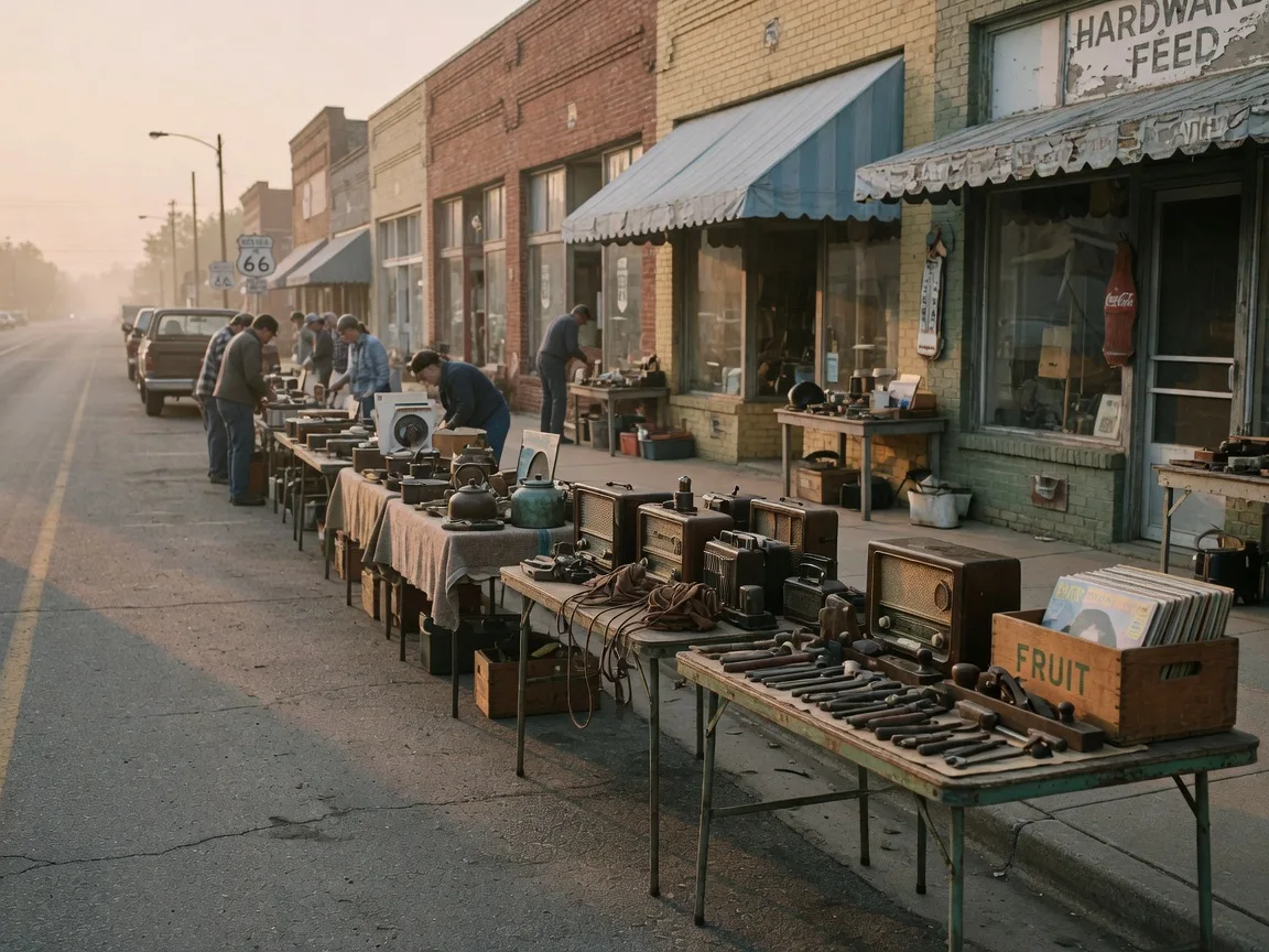 A small-town street flea market with vintage radios, vinyl crates, and old tools on fold-out tables
