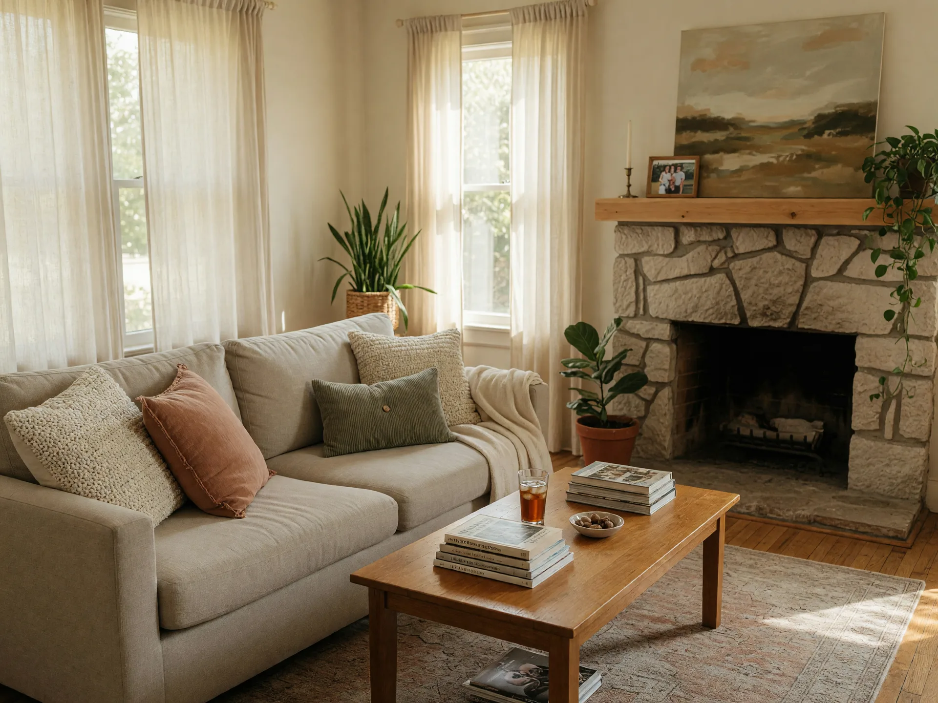 Cozy light-filled living room with a linen sofa, stone fireplace, and large windows in an Oklahoma family home