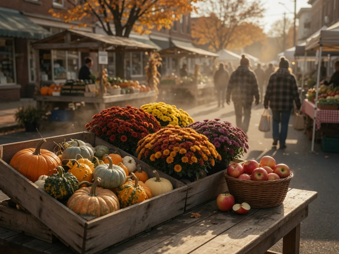 An autumn farmers market stall with pumpkins, gourds, mums, and apples in warm golden-hour light