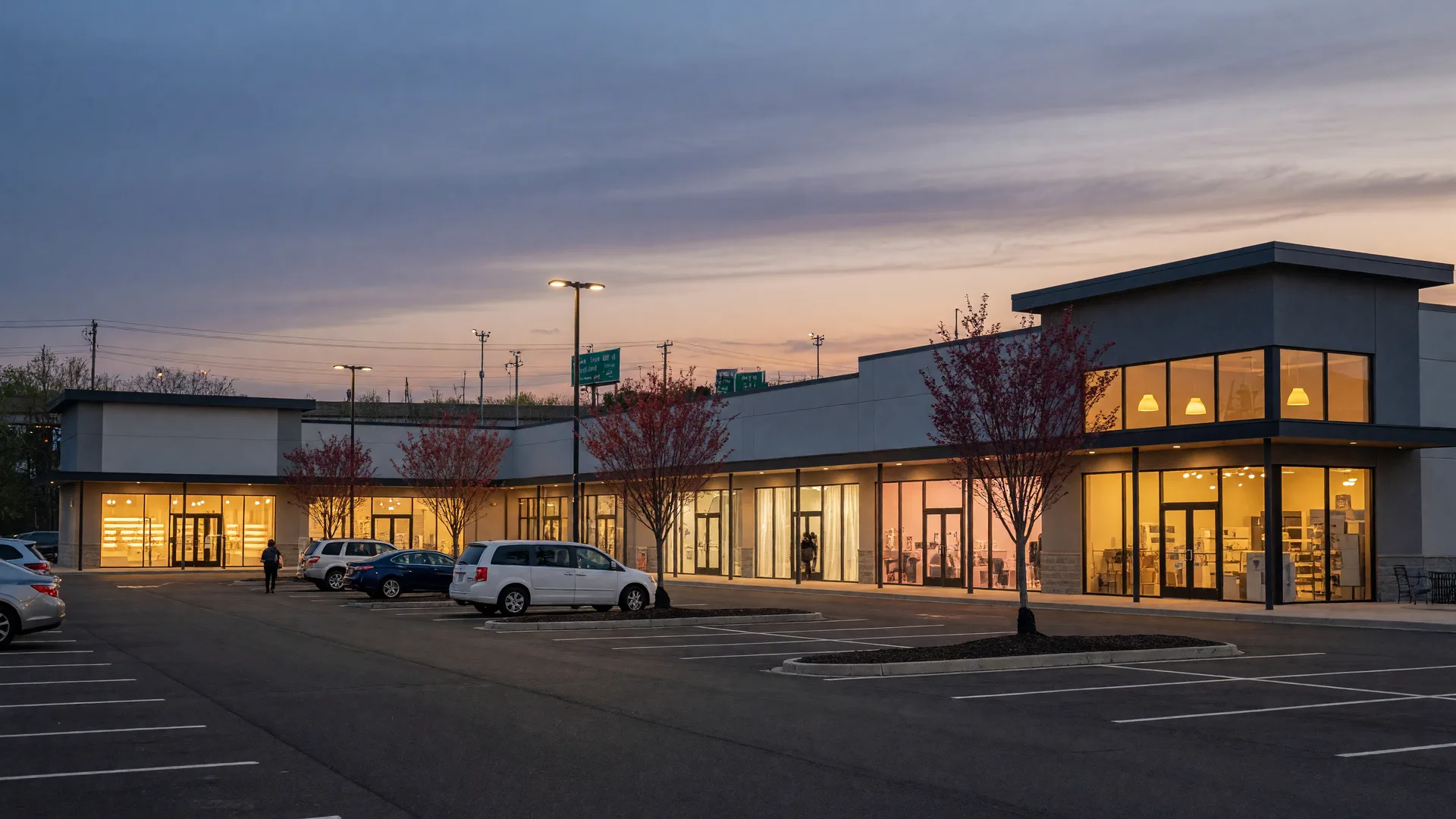 Open-air shopping plaza along the Route 130 corridor in Cinnaminson New Jersey glowing warmly at dusk