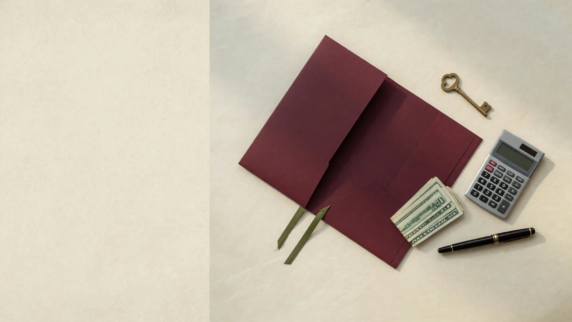 Overhead flat-lay photograph of a home sale scene