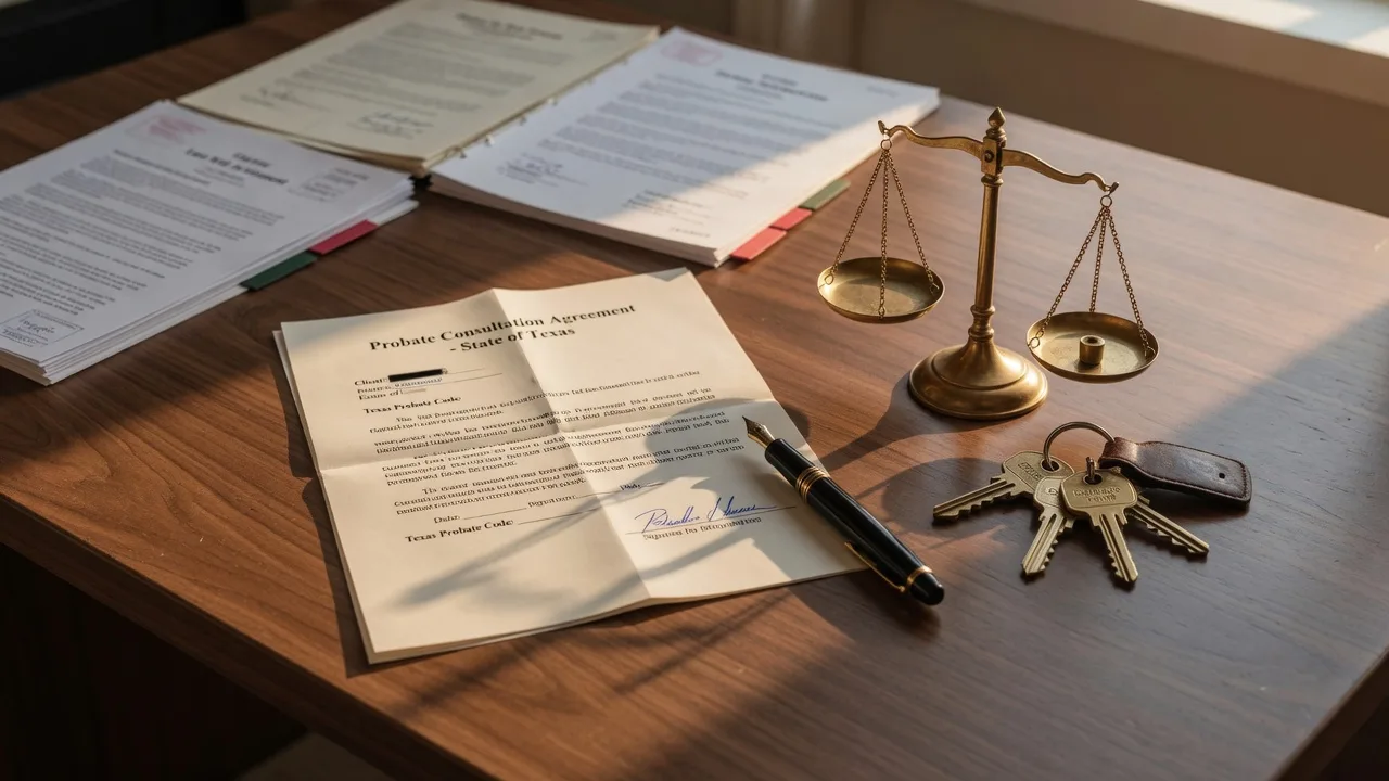A fountain pen, a folded legal agreement, a brass scale of justice, and brass house keys on a dark walnut desk in warm afternoon light