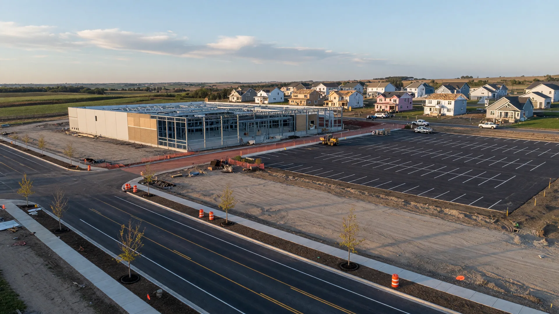 Freshly graded construction site with a new retail building and homes going up on the east side of Sioux Falls
