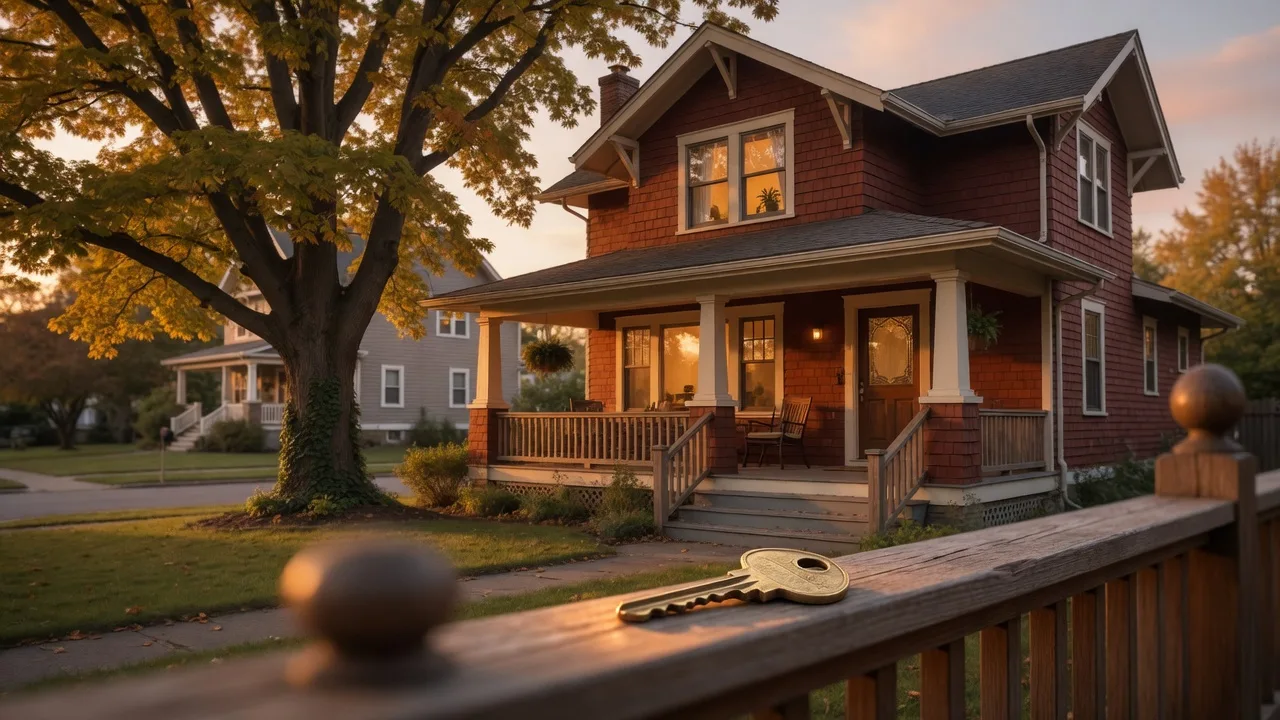 Family home at golden hour with a brass house key on the porch railing, representing an inherited property