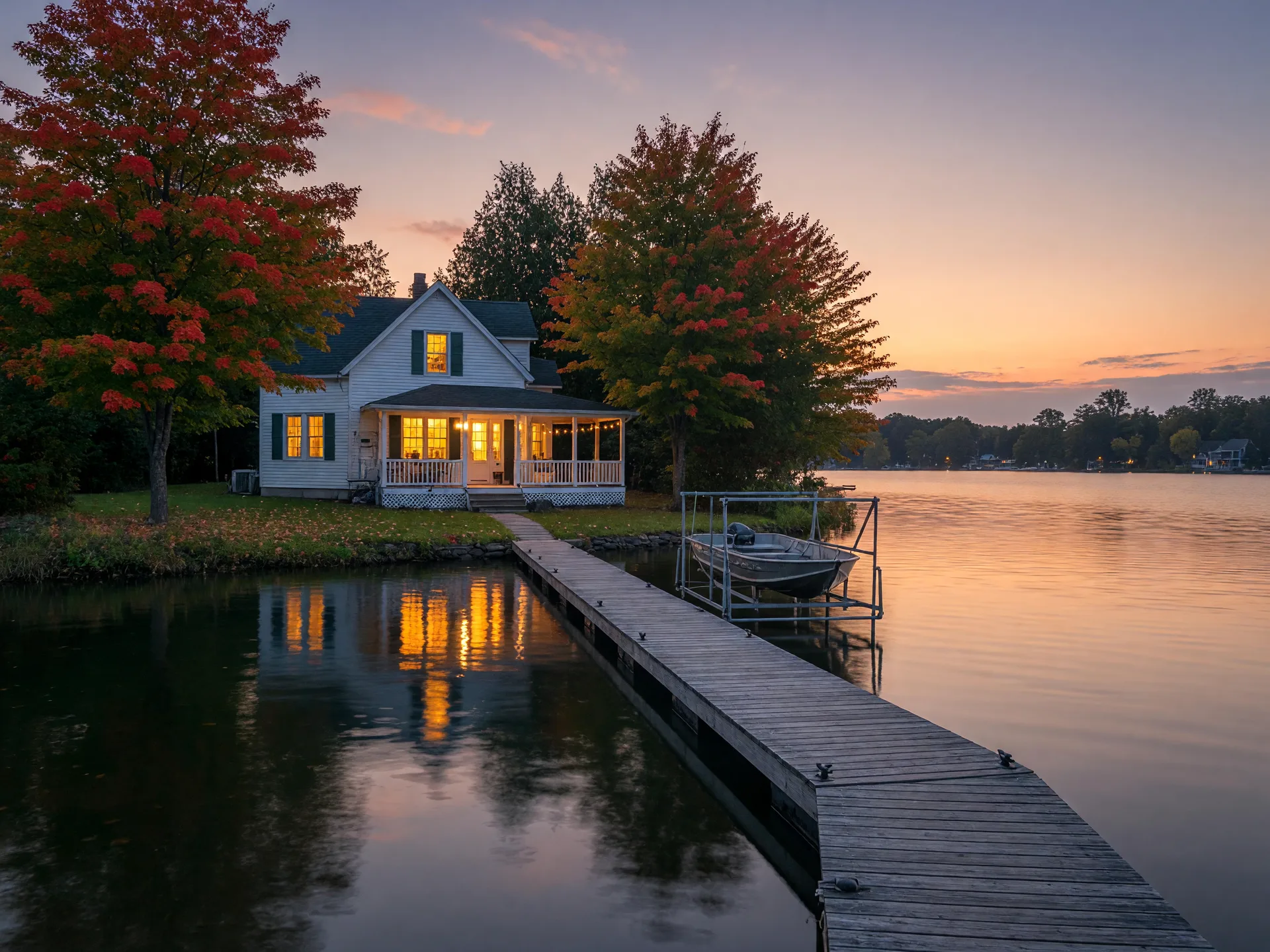 A waterfront cottage-style home on Lake Scugog near Port Perry at dusk, with warm glowing windows, a private wooden dock with a boat lift, still water reflecting an orange and violet sky, and maples beginning to turn