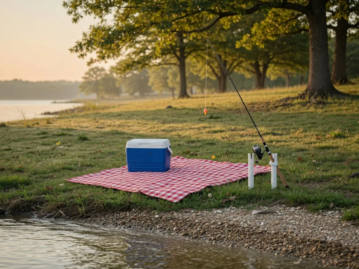 A family-friendly grassy shoreline on Lake Texoma with a fishing rod in a holder, a blanket, and a cooler in the morning light