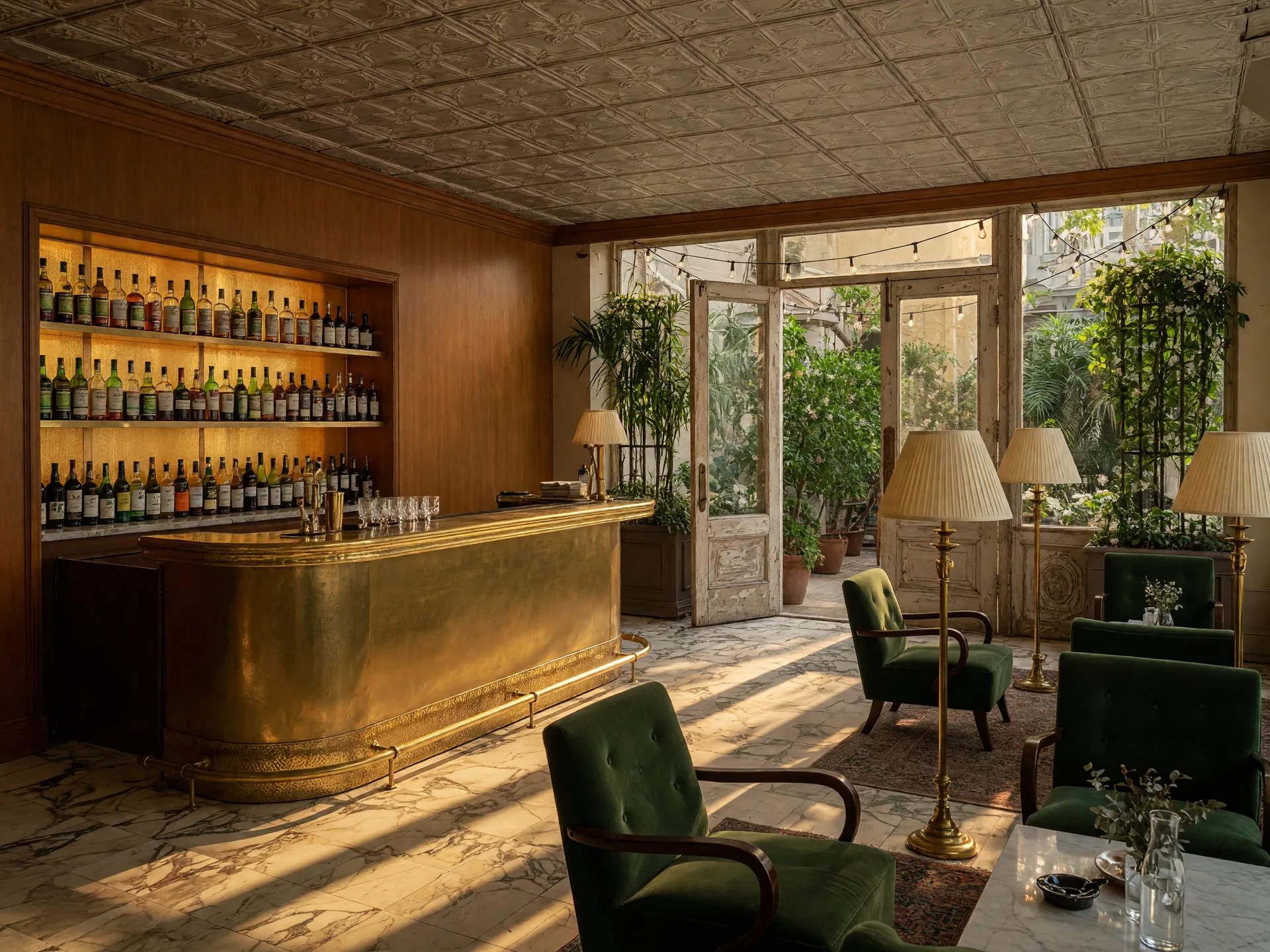 The lobby lounge of El Capitan Hotel in downtown Merced with a brass-front bar, green velvet armchairs, pressed-tin ceiling, and tall windows opening to a string-lit courtyard