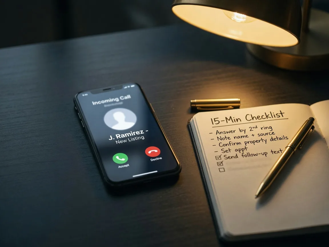 A smartphone glowing on a charcoal desk with a notebook and gold pen, the opening move of speed to lead