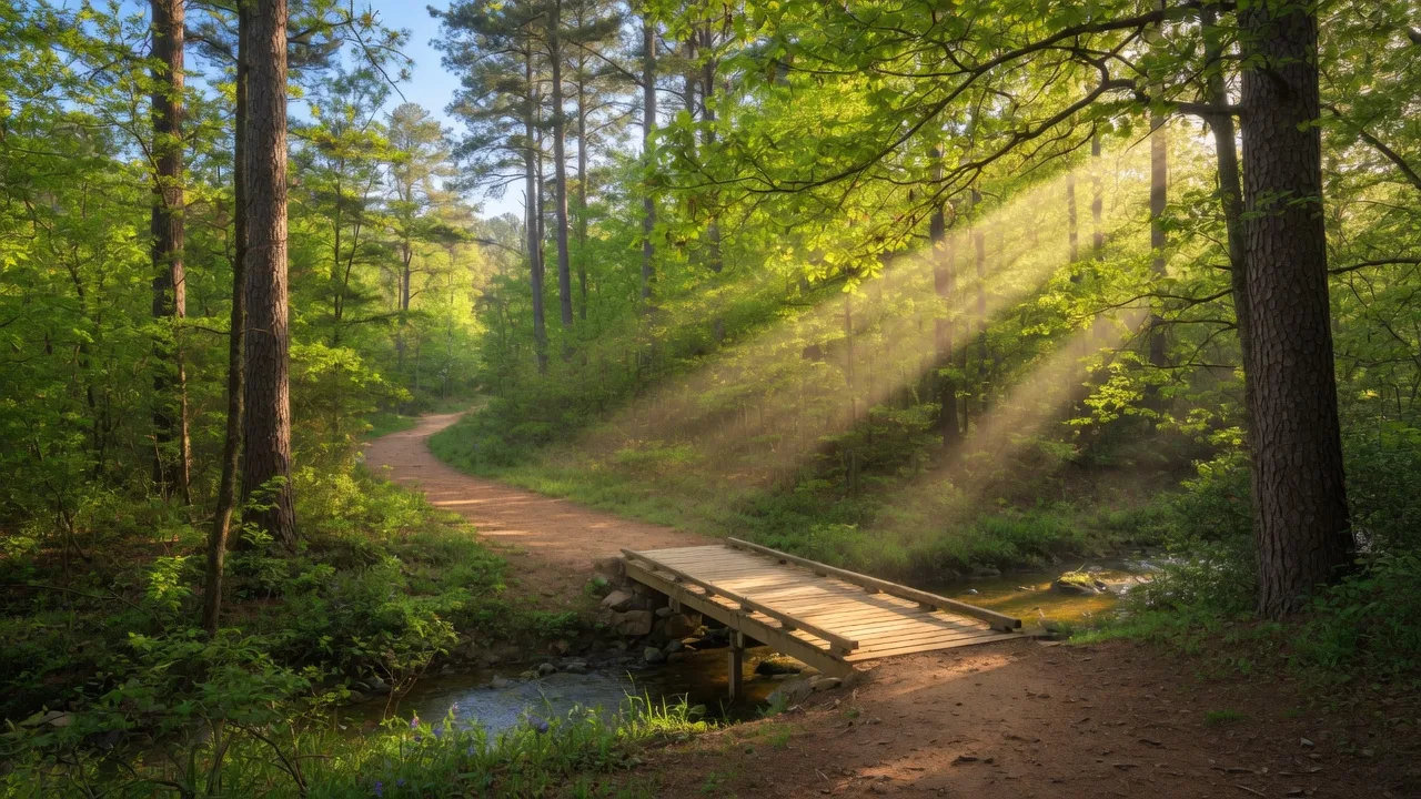 Sunlit hiking trail winding through a lush forest with a wooden footbridge crossing a small creek in NW Metro Atlanta