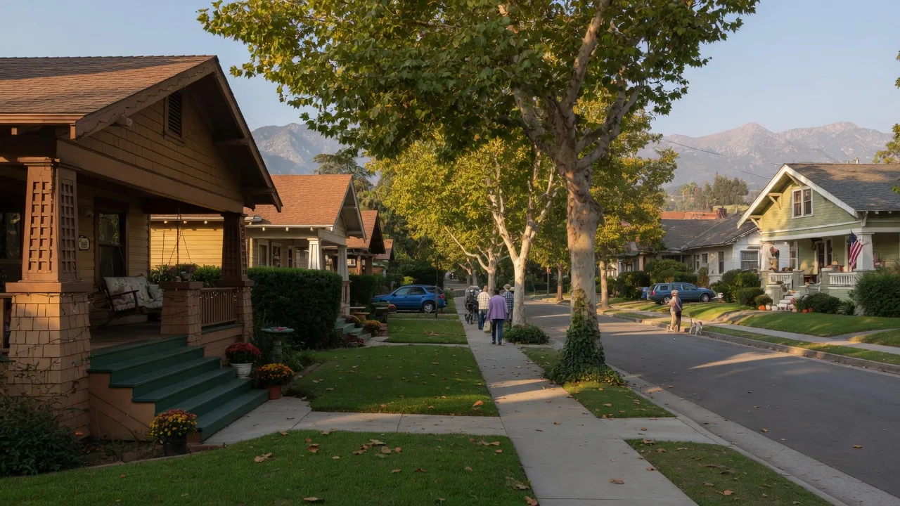 Quiet Pasadena residential street with Craftsman bungalows, a tree-lined sidewalk, and soft morning light
