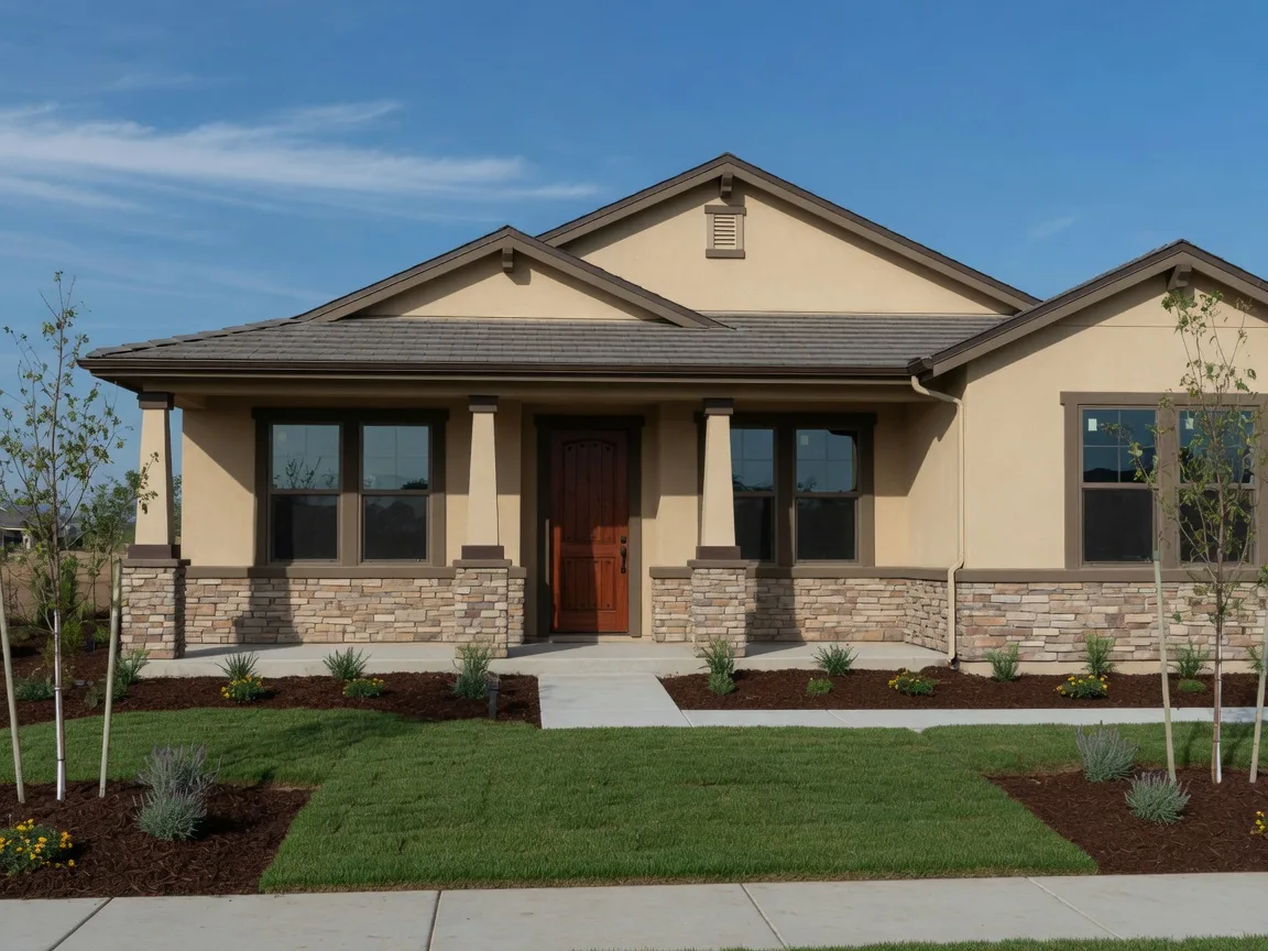 A newly completed new-construction home with a covered porch in a Central Valley community