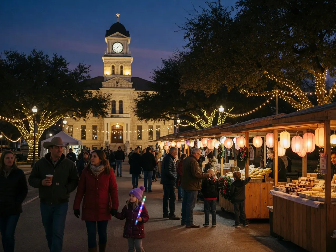A small-town Texas December night market with live oaks wrapped in warm white Christmas lights, glowing vendor stalls, families strolling in coats, and a historic limestone building against a deep blue evening sky