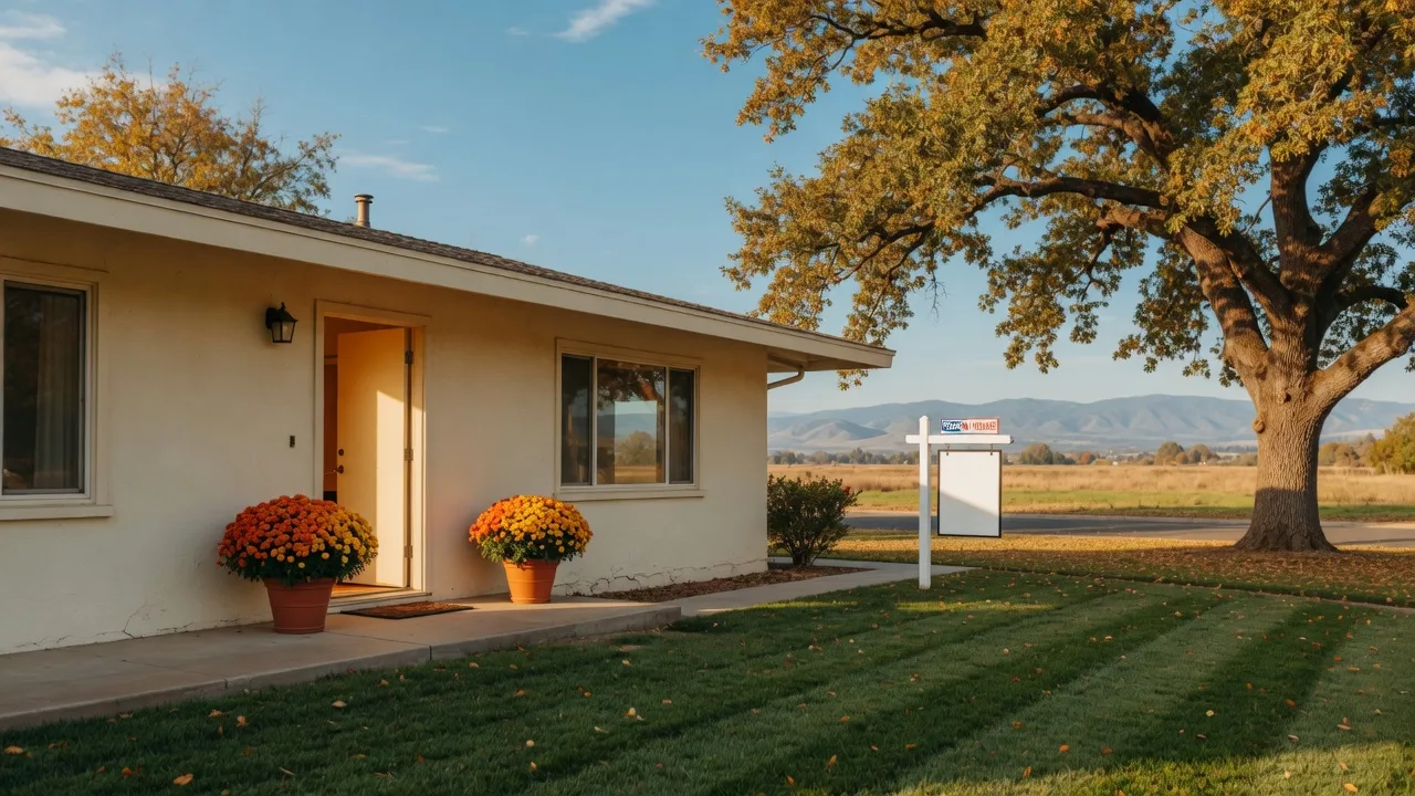 A welcoming single-story cream stucco ranch home in Merced, California on a bright late-October Saturday afternoon, front door standing open with warm light spilling out, pots of orange and yellow chrysanthemums at the entry, a golden valley oak, a plain sign at the curb, and the hazy Sierra Nevada foothills on the horizon