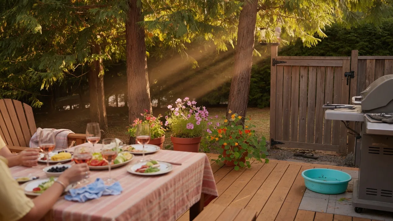 A warm late-summer backyard in Greater Victoria with a secure wooden gate and patio area
