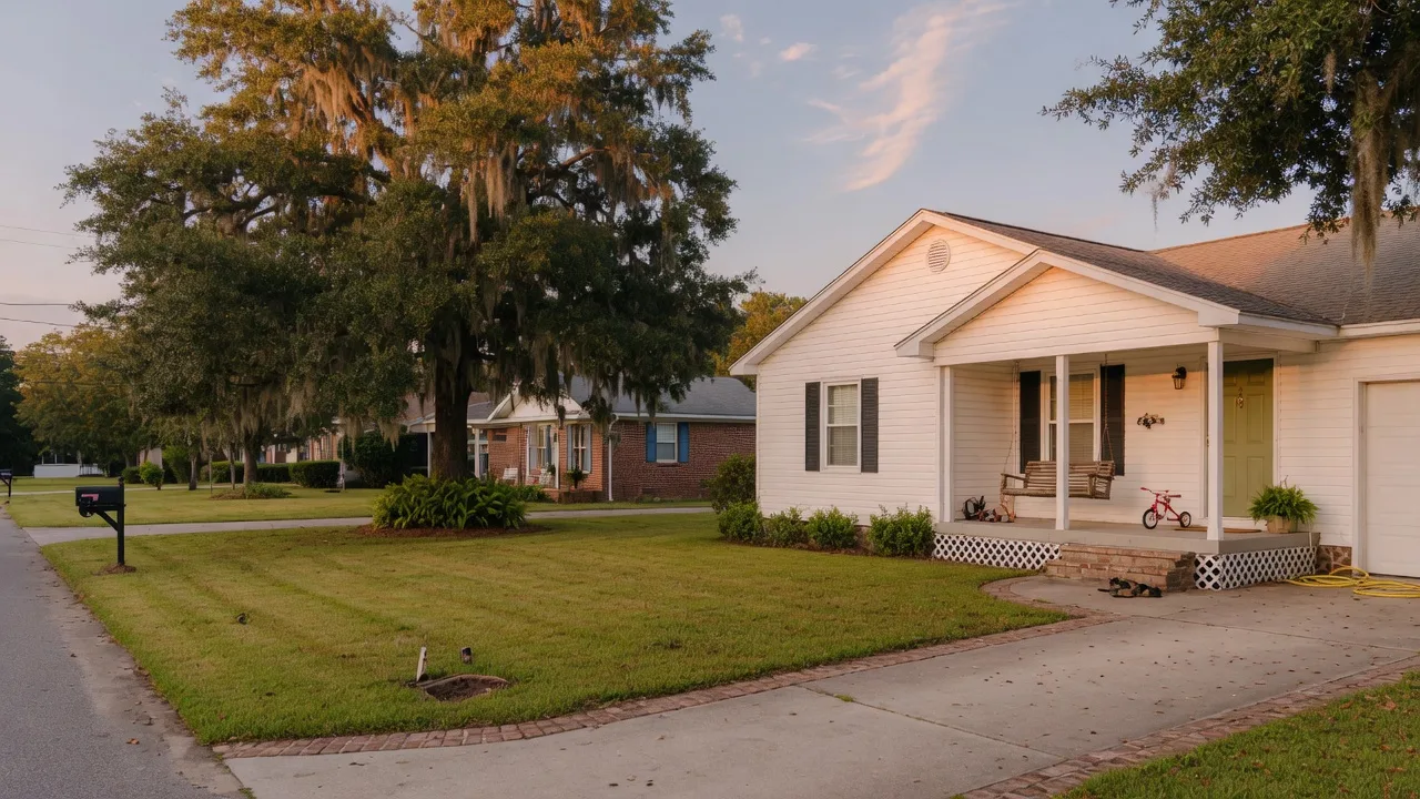 A modest white-siding South Carolina home with a covered front porch at golden hour, the kind of attainable home SC Housing down payment assistance helps buyers reach