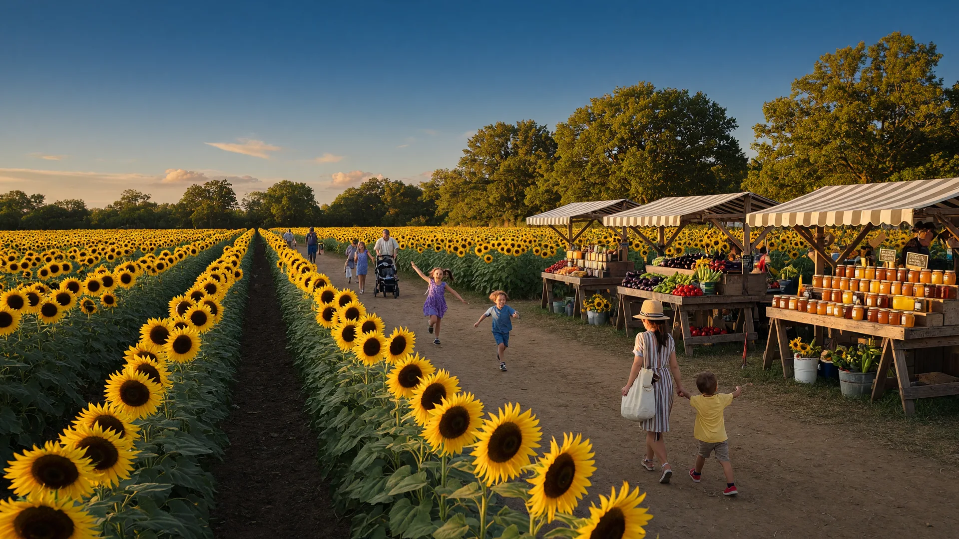 Rows of bright yellow sunflowers stretching toward a blue sky with families walking between the blooms under warm golden-hour sunlight