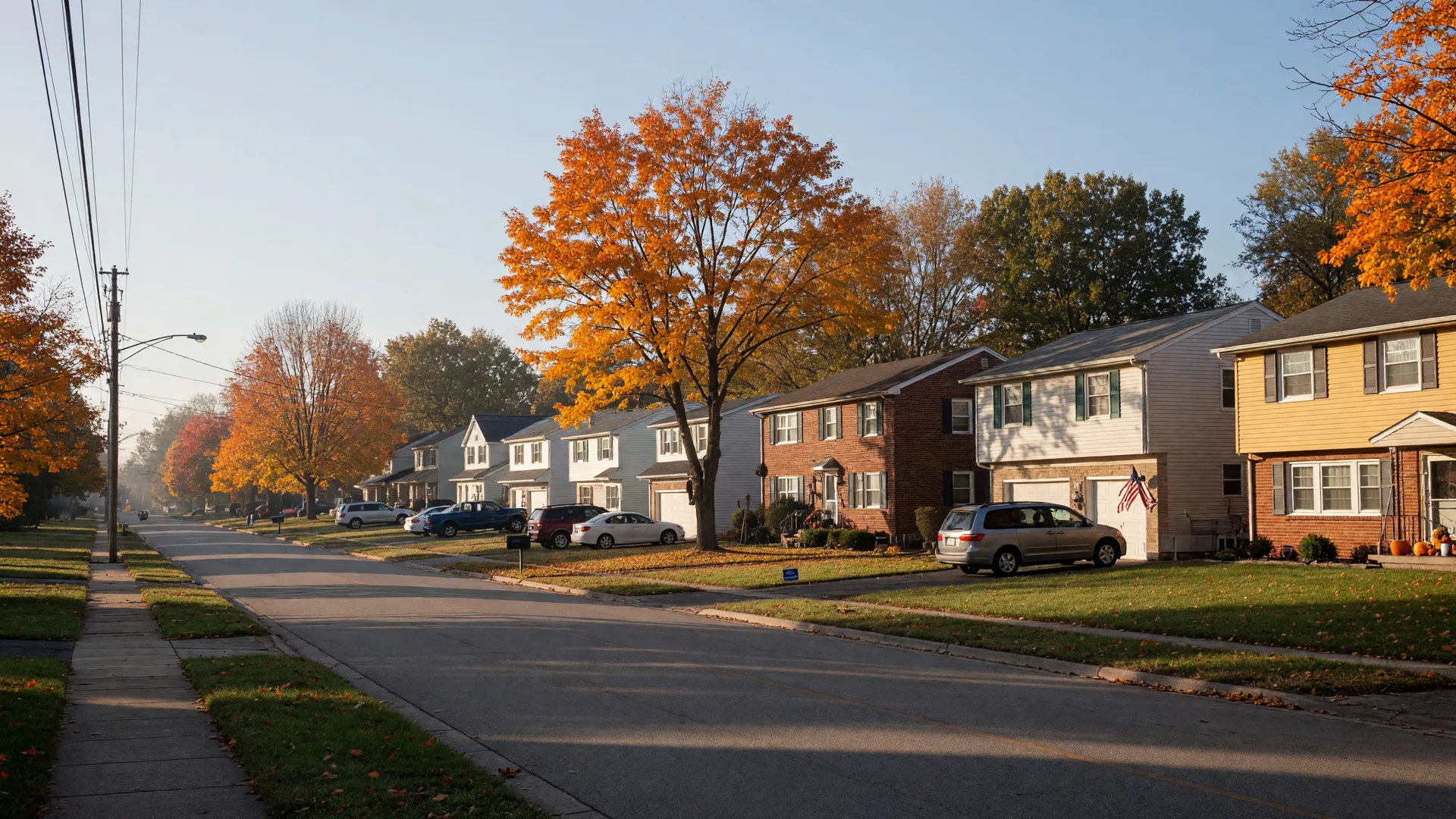 A quiet tree-lined suburban street of brick ranch and two-story homes in the Dayton Ohio area near Wright-Patterson Air Force Base on a crisp mid-October morning, sugar maples and oaks turning orange and gold along the curb