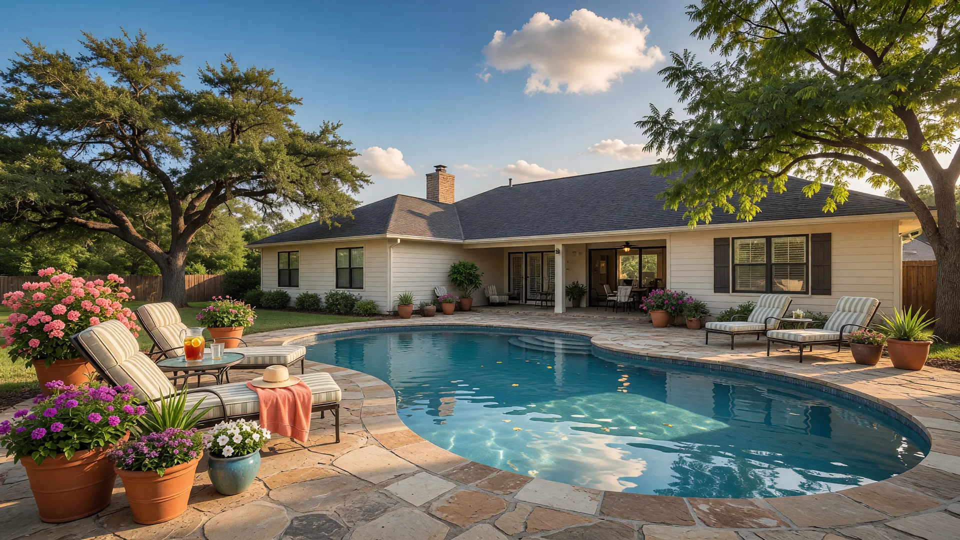 A beautiful residential swimming pool in a Northeast Texas backyard with lounge chairs, stone patio, and a cream-colored home at golden hour
