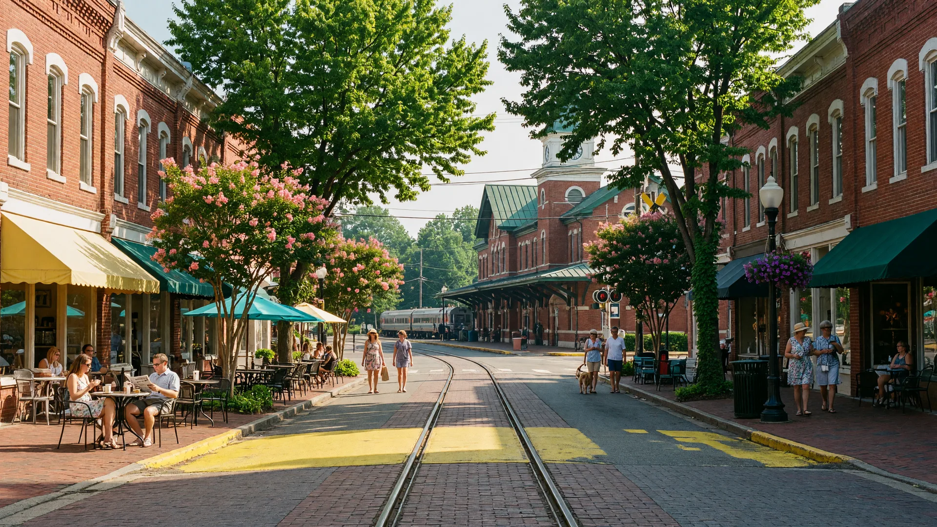 Historic downtown Ashland Virginia on a sunny summer afternoon, with the railroad tracks running through town, brick storefronts, and a train station in the distance