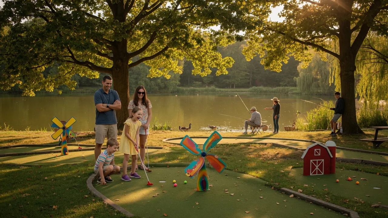A family playing mini golf at Alverthorpe Park in Jenkintown on a golden late-summer afternoon, with the lake visible through the trees