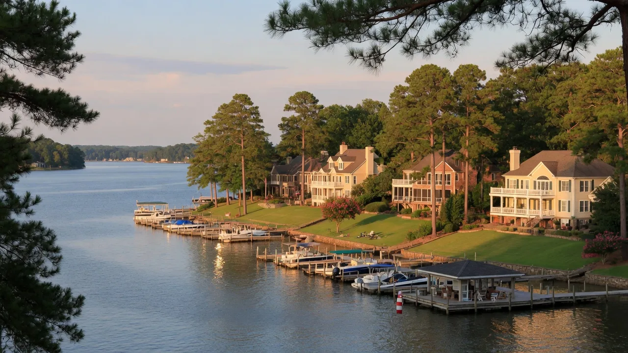 Lakefront homes in Tega Cay SC on Lake Wylie with docks, boats, and pine trees at golden hour