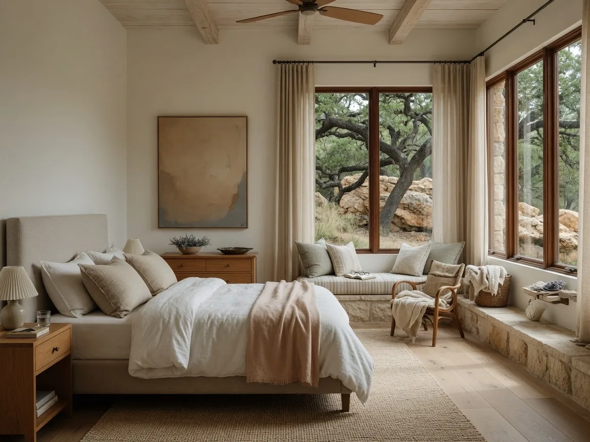 Bright and airy master bedroom in a Texas Hill Country home, neutral tones, warm wood accents, large windows overlooking live oaks, a reading nook by the window