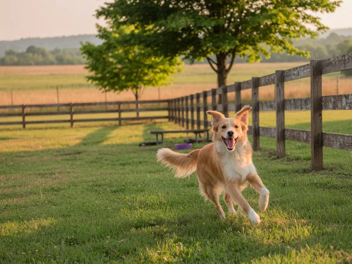 A joyful medium-sized dog with floppy ears running across fresh green grass inside a fenced off-leash dog park