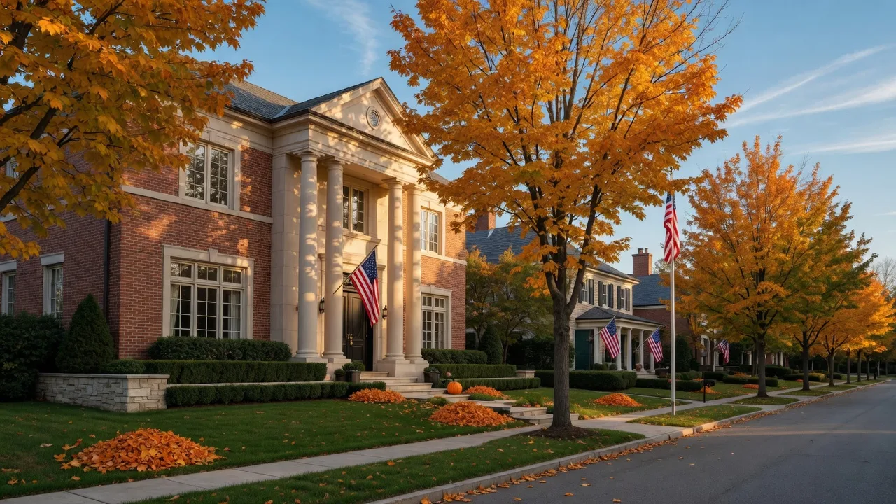 An upscale American suburban street in autumn with a brick and stone luxury home, golden maples, and American flags in warm late-afternoon light