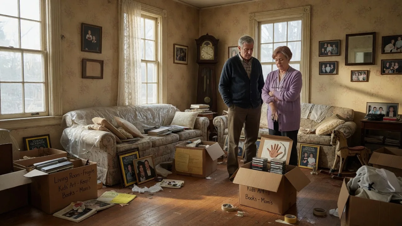 Mature couple standing in a cluttered living room with partially packed boxes, sunlight streaming through windows, contemplating downsizing