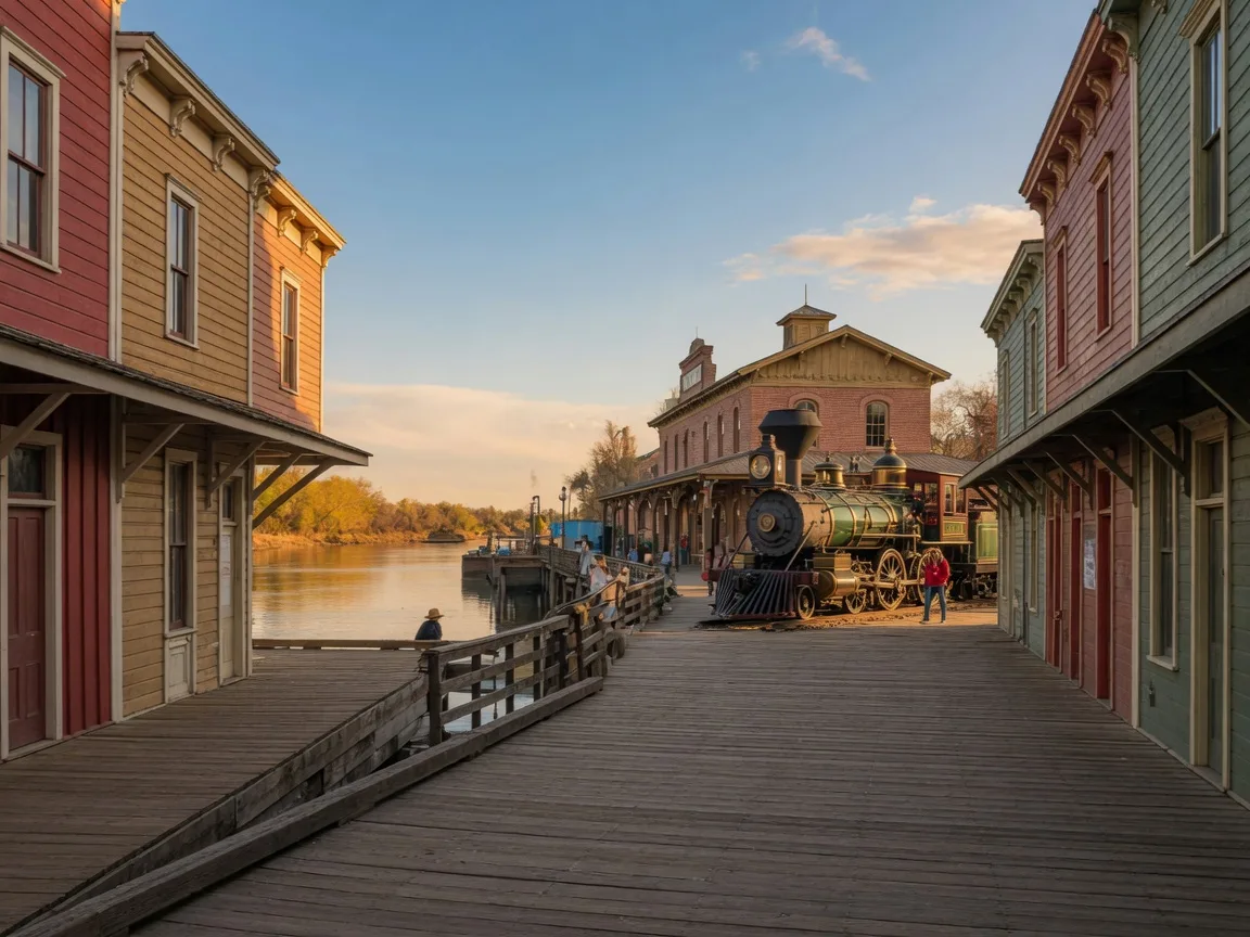 Historic boardwalk buildings and a steam locomotive on display along the Old Sacramento waterfront