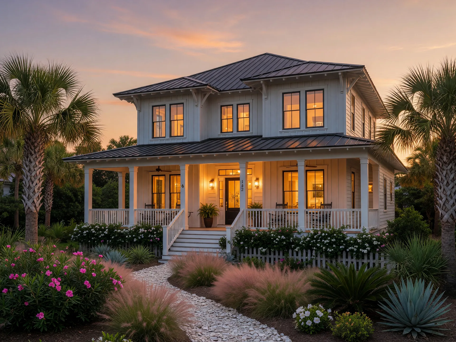 A modern coastal Lowcountry home framed by palms at golden hour