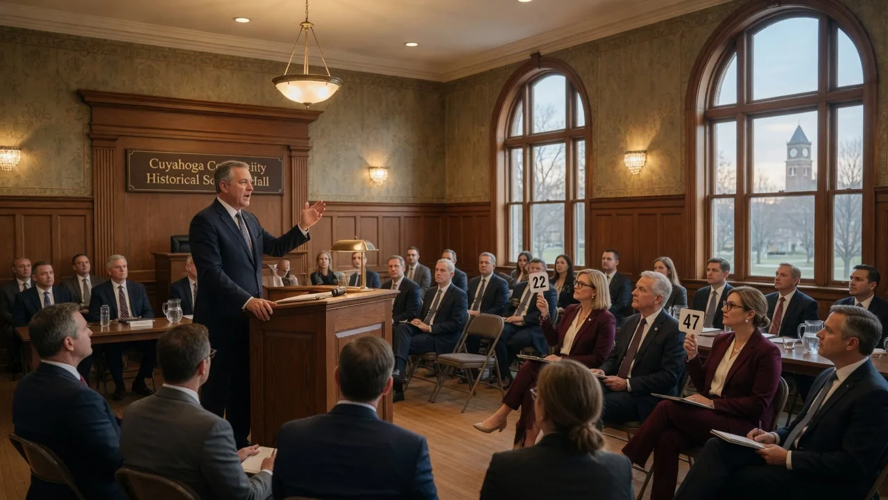 Professional real estate auction event in an elegant ballroom with auctioneer at podium and attendees with bidding paddles