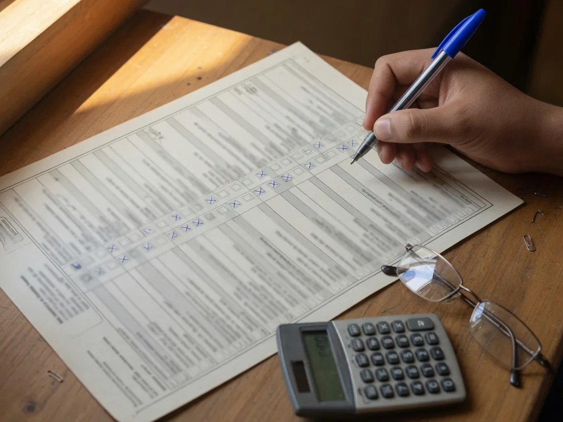 A close-up of a hand with a pen checking protest grounds boxes on an official tax protest form next to reading glasses and a calculator