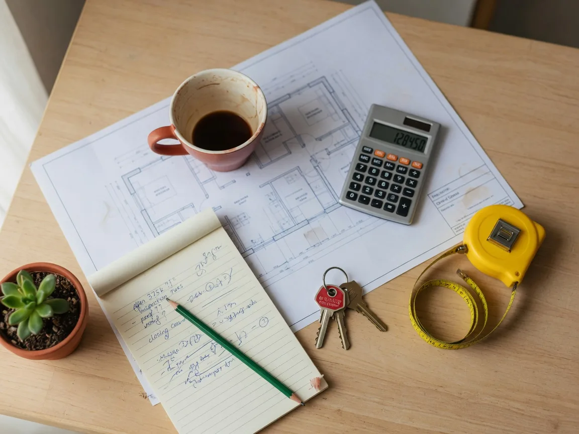 A desk flat-lay of the homebuying journey: floor plan, coffee, calculator, tape measure, and house keys