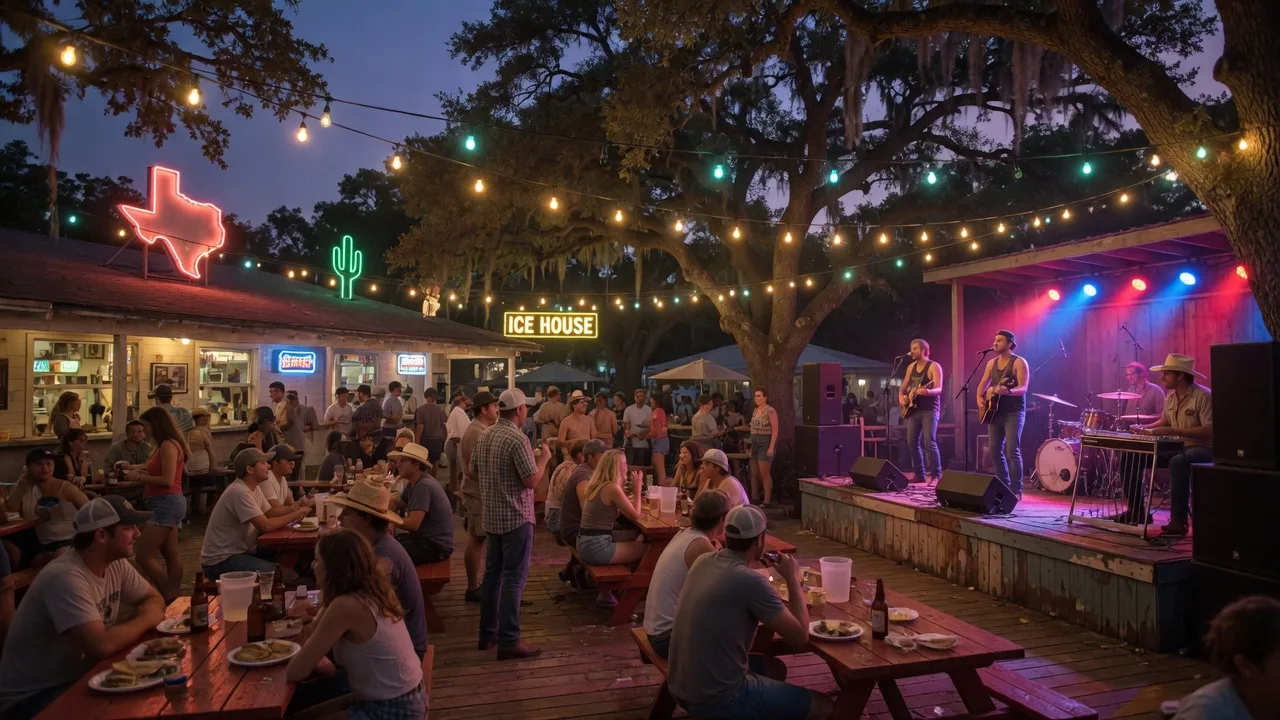 A lively Texas icehouse venue on a summer evening with an outdoor stage, neon signs, and a crowd gathered on a wooden patio