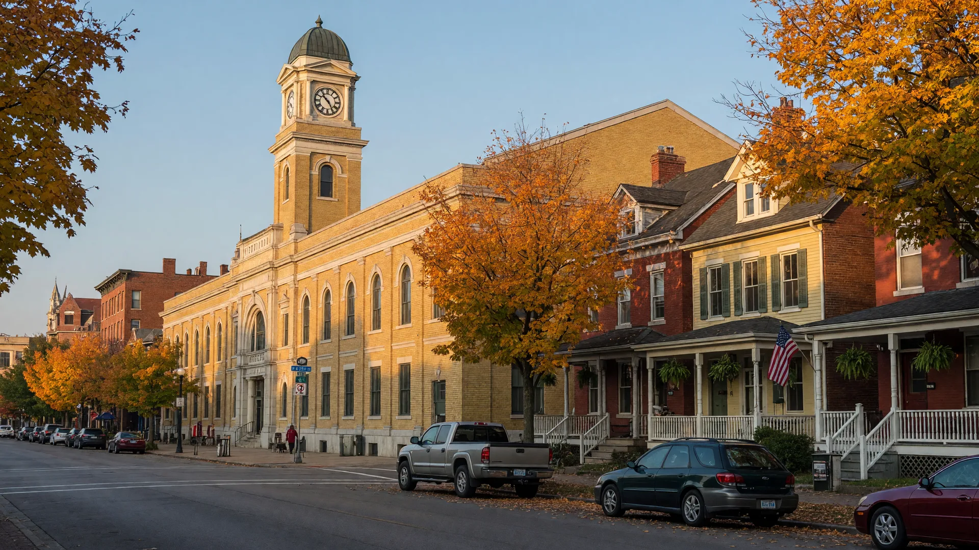 The 1912 yellow-brick West Side Market hall with its tall clock tower rising above West 25th Street in Ohio City, Cleveland on a crisp October morning, Victorian brick and frame homes with deep front porches lining the tree-lined street, sugar maples turning orange and gold