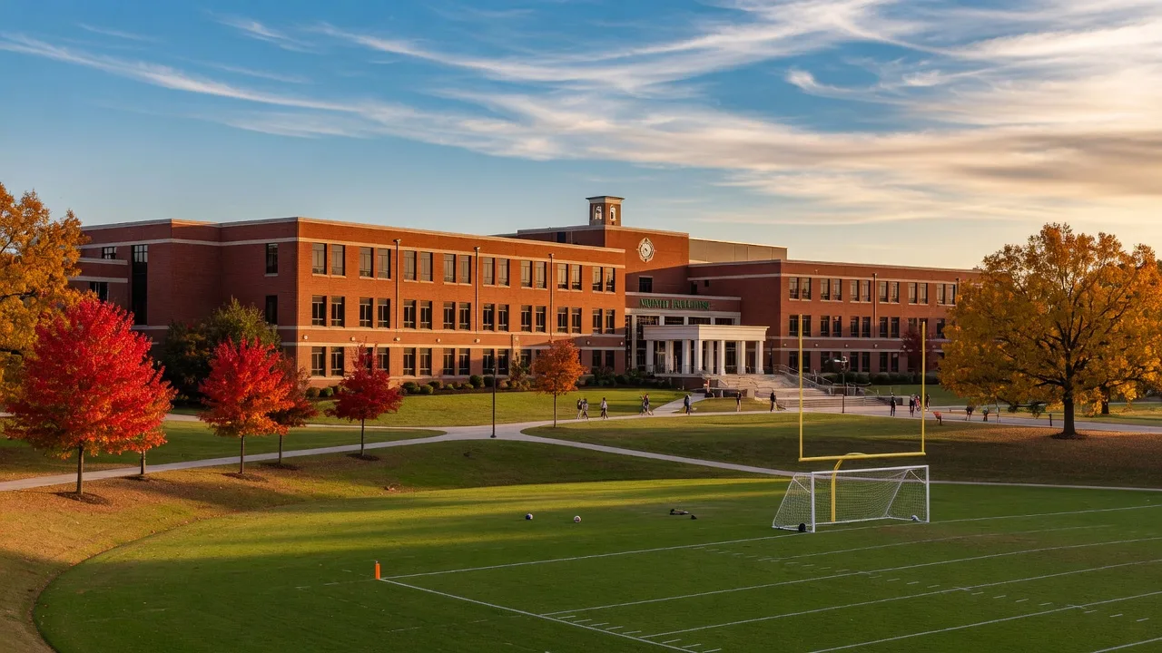 North Paulding High School in Dallas, Georgia on a bright autumn afternoon with blue sky, athletic field, and modern brick buildings