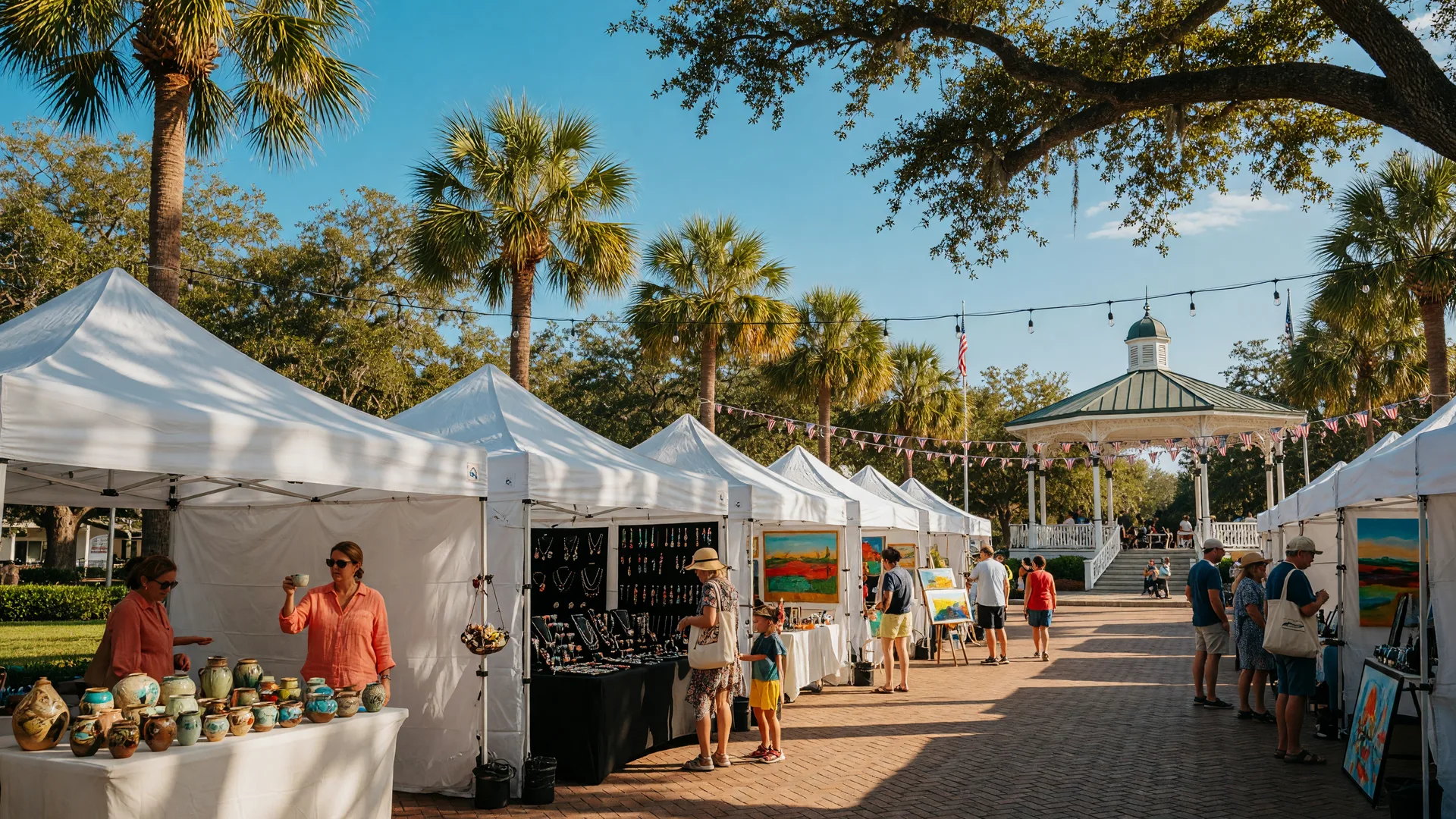 A mid-October Saturday morning at an outdoor craft festival in a palm-lined Florida downtown park, white artist tents with handmade pottery and paintings along a brick plaza, warm sunlight through live oaks and string lights overhead